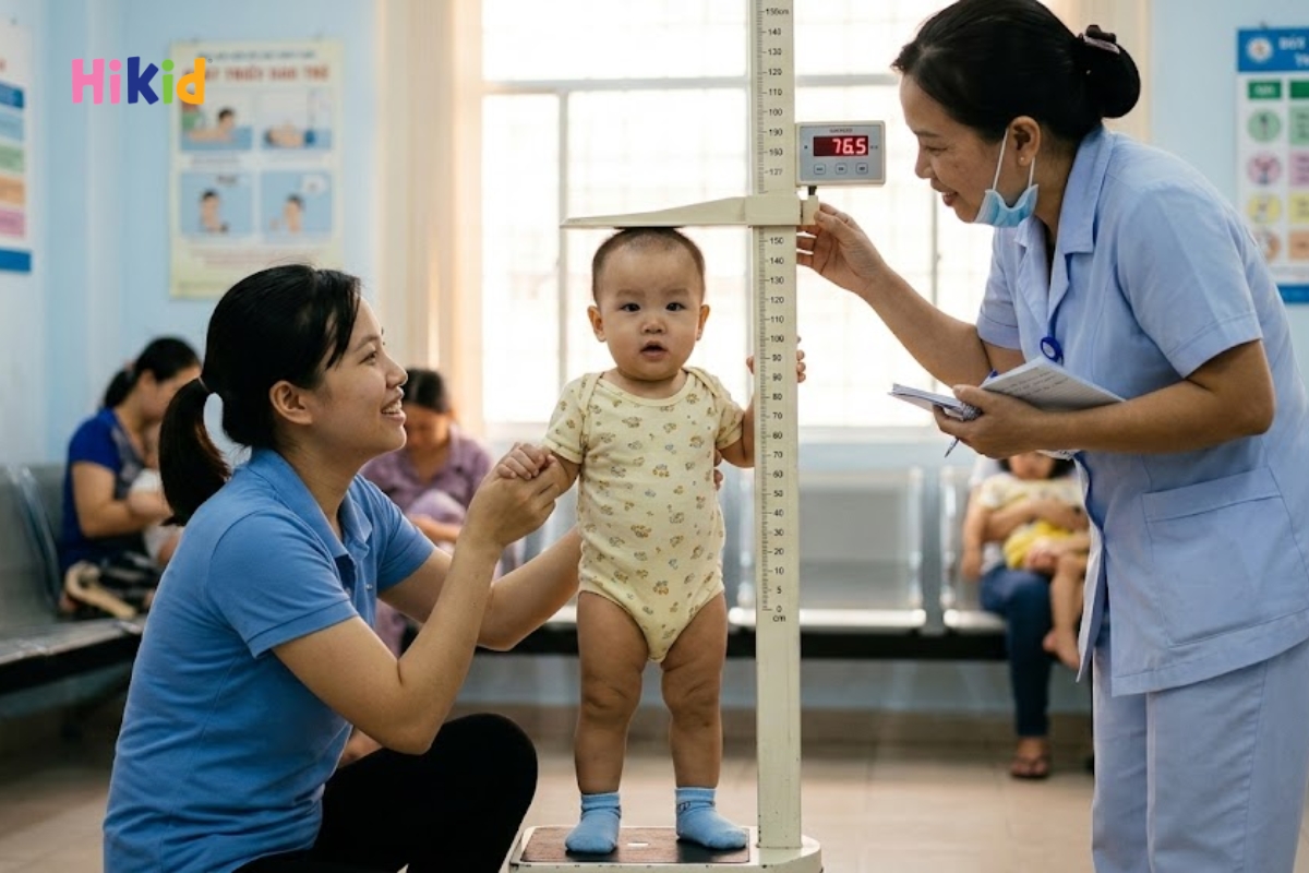 Kiểm tra chiều cao, cân nặng định kỳ và ghi chép lại để theo dõi nhịp tăng trưởng của trẻ 1 tuổi